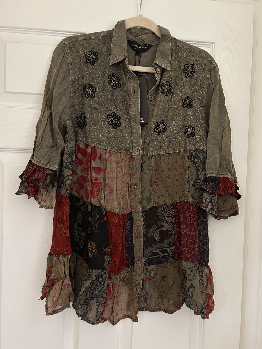YOUNG THREADS NWT Top Tunic Dark Olive Embroidered sm - large